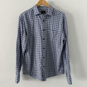 Untuckit Soligo Button Up Shirt Mens Lg Reg Fit Plaid Blue Gingham Cotton Gauze